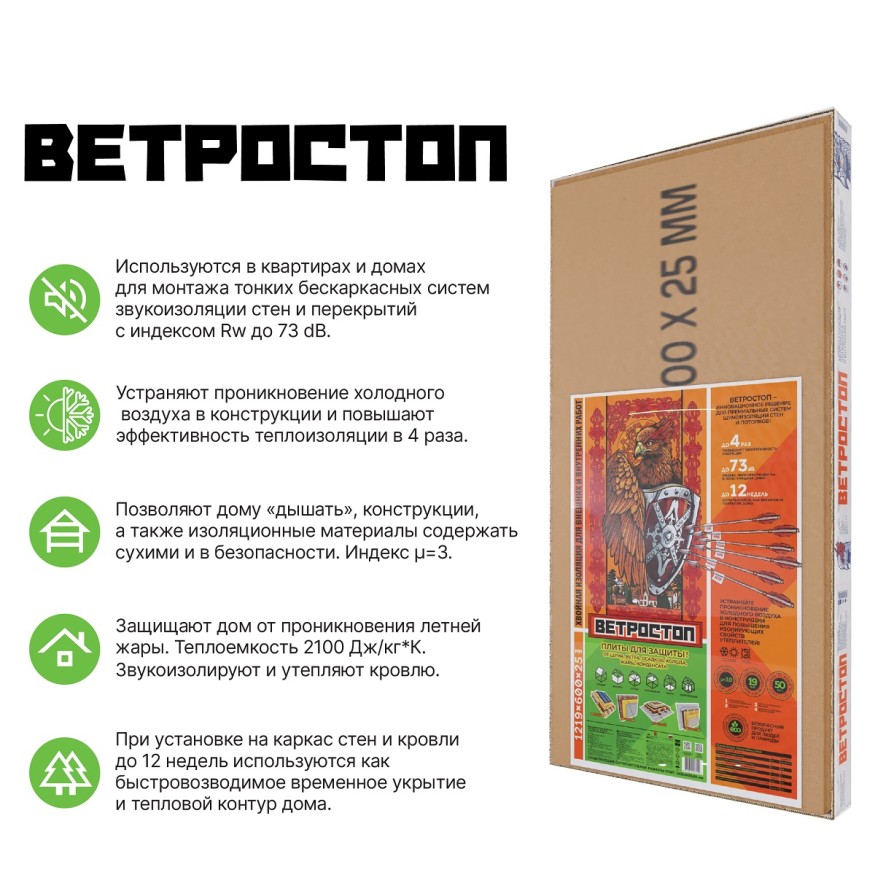 Ветрозащитная шумоизолирующая панель ВЕТРОСТОП 1200х581х25 мм (2,09 м²) купить в Ростове