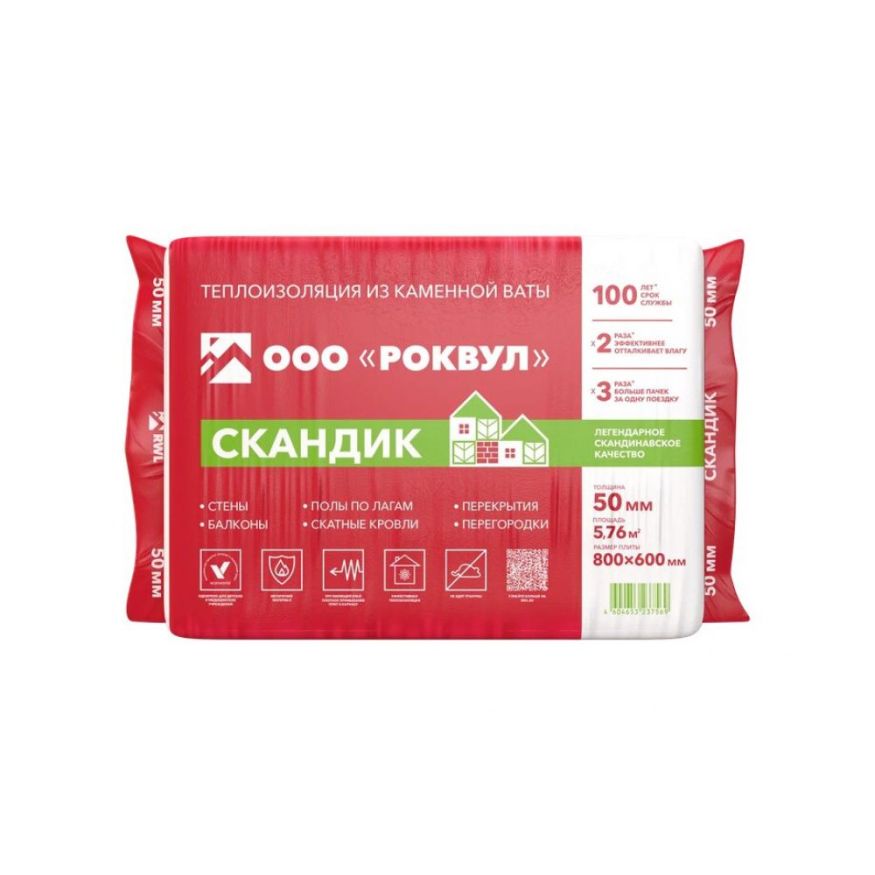 Утеплитель Роквул Скандик 50мм, 12 плит, 5.76м2, 600х800мм, 0.288м3 Rockwool купить в Ростове