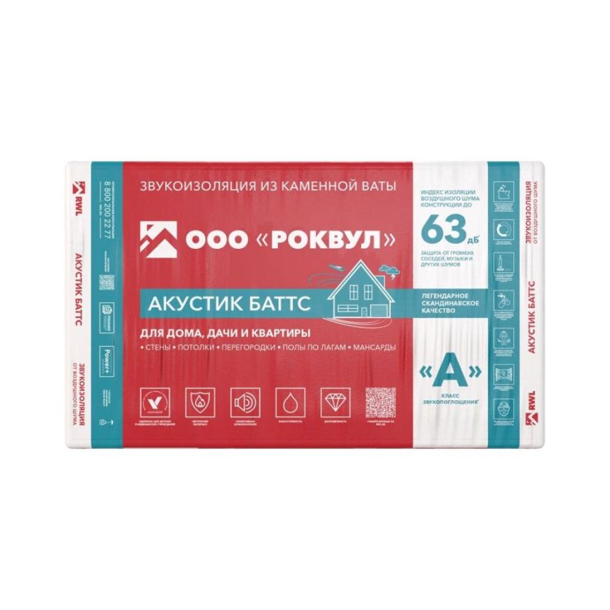 Утеплитель Роквул Акустик Баттс 50мм, 10 плит, 6м2, 600х1000мм, 0.3м3 Rockwool купить в Ростове