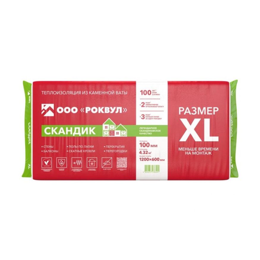 Утеплитель Роквул Скандик XL 100мм, 6 плит, 4.32м2, 600х1200мм, 0.432м3 Rockwool купить в Ростове